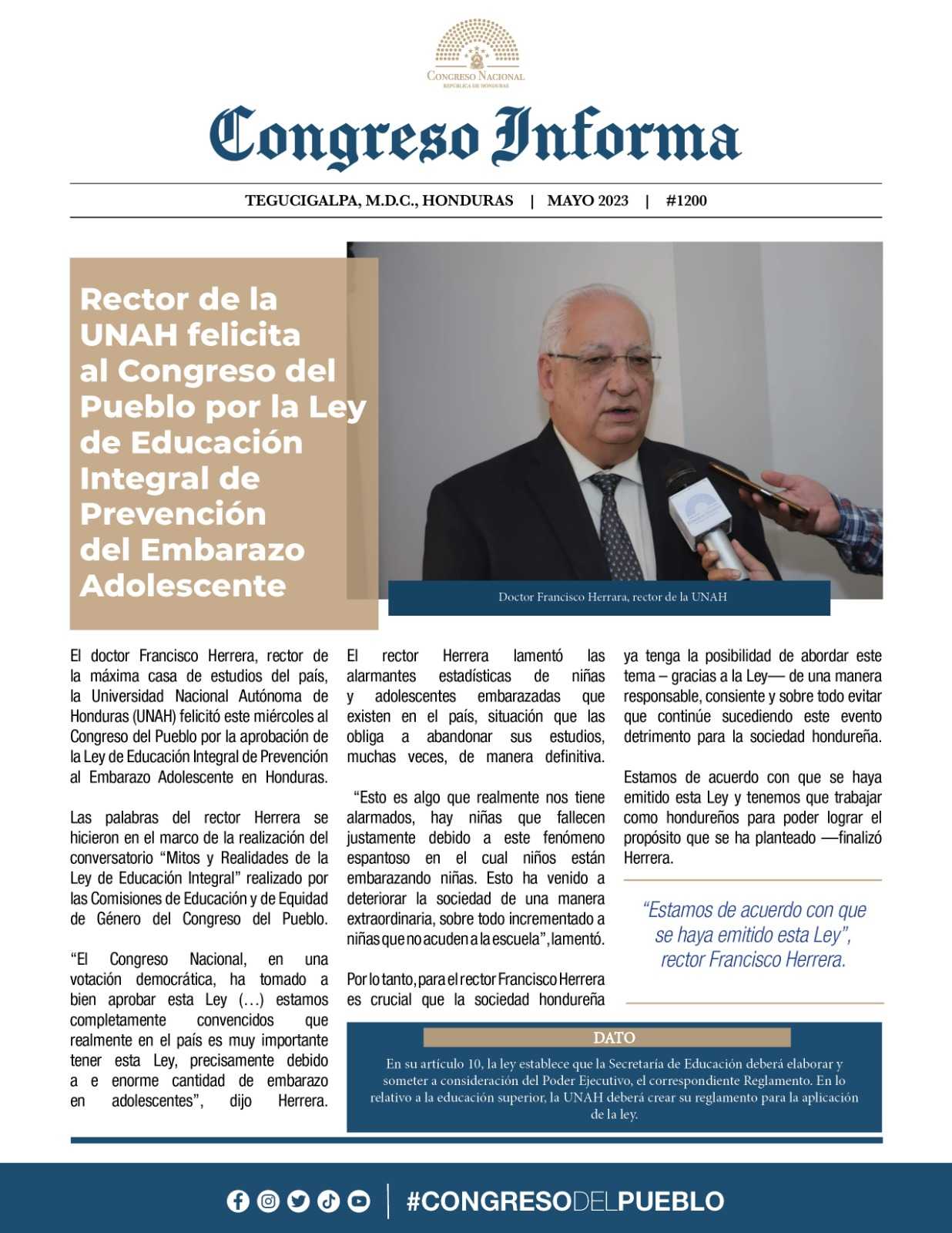 Rector de la UNAH felicita al Congreso del Pueblo por la Ley de Educación Integral de Prevención del Embarazo Adolescente